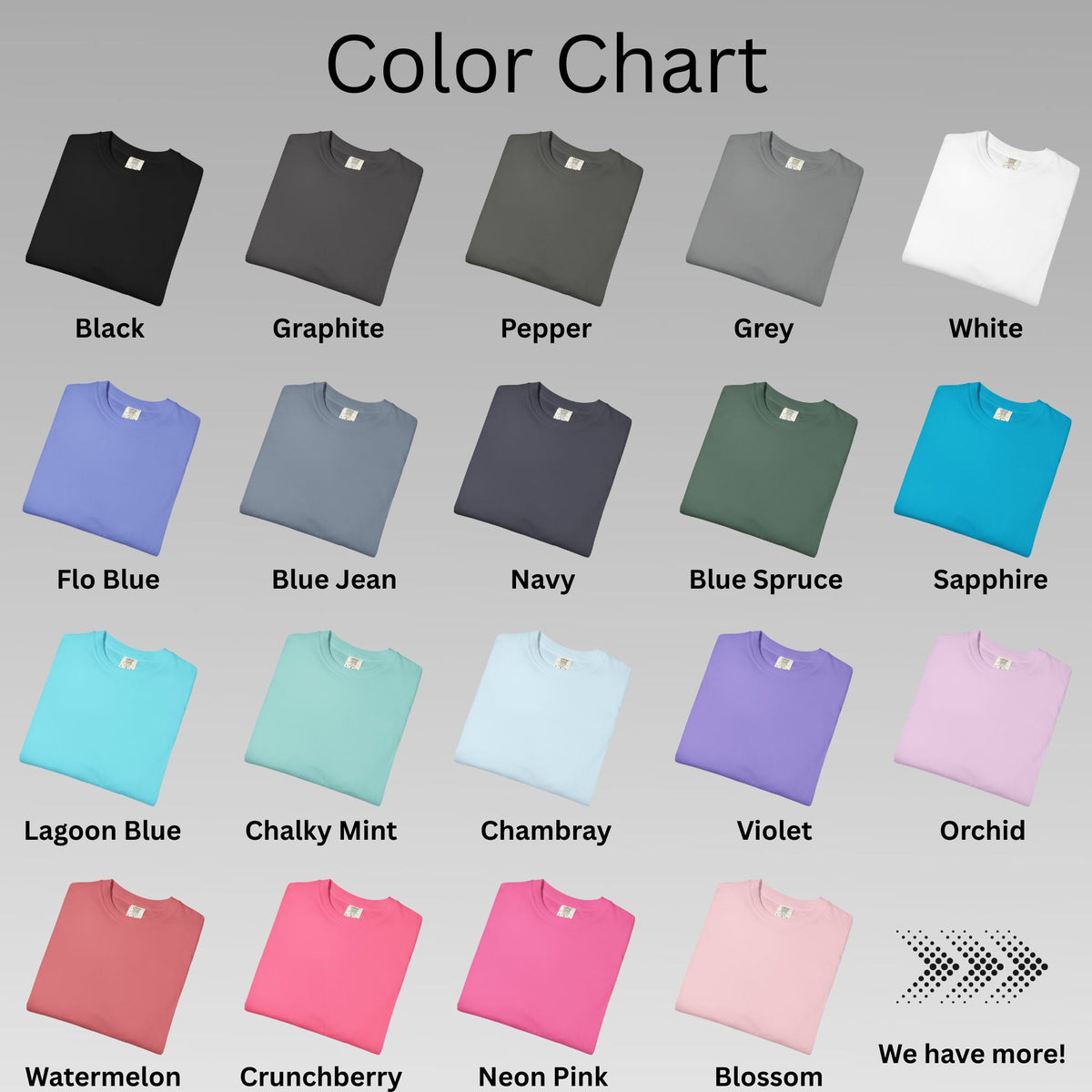 Color chart with various shirt colors on a gray background