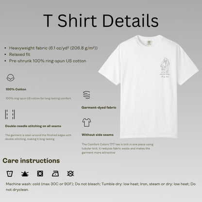 White t-shirt with text detailing features and care instructions on a gray background